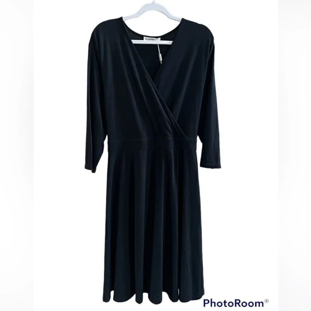 Women’s sz 26 Nemidor black stretchy flare skirt faux wrap front midi dress NEW